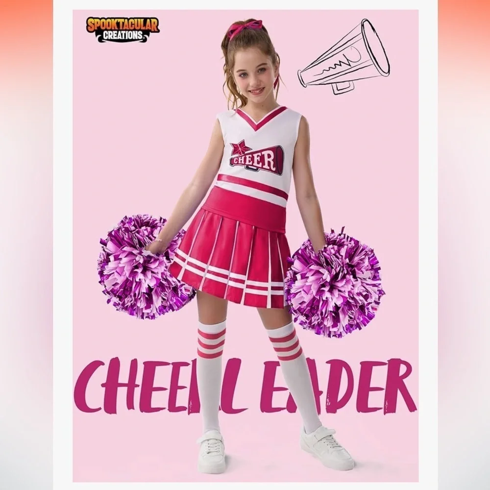NWT Pink Cheerleader Uniform with Pom Poms, Socks, a ribbon costume size 8-10